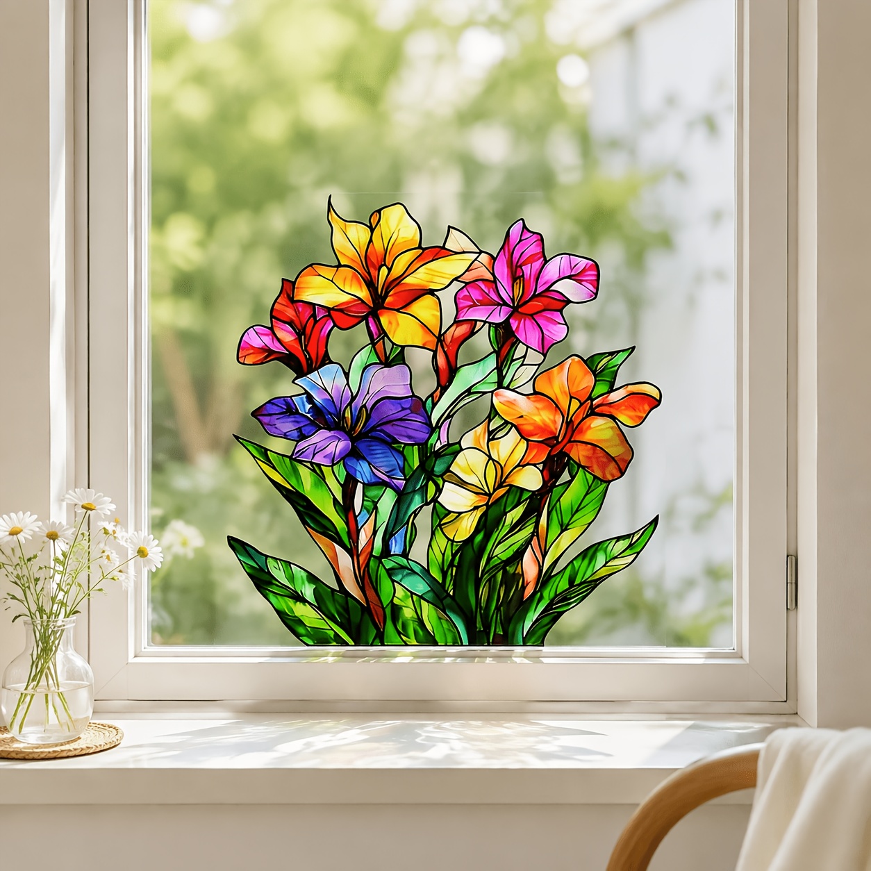 TEMU 1 pièce Autocollant pour vitrail floral, Sticker décoratif en verre de fleur en mosaïque. Réutilisable, colle, idéal pour portes et fenêtres en