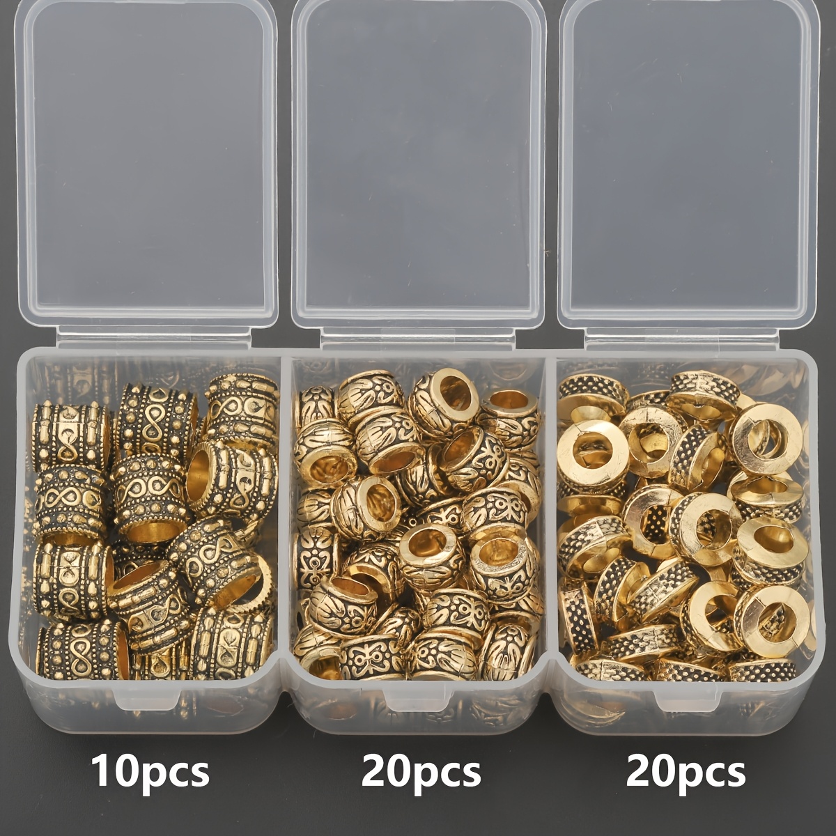 TEMU 50pcs/Boîte Pièces de fabrication de bijoux dorés antiques 3D Perles d'espacement sculptées Alliage de Grand trou Perles de seau Perles à pois