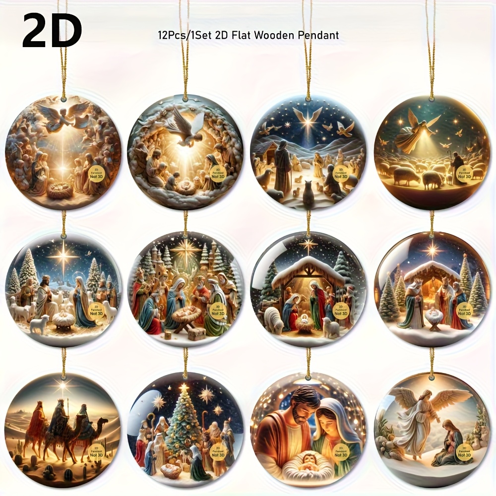 Image of 2d Flat - 12pcs 2d Flat Nativity Scene Wooden Pendants | Vibrant Decorations With Angels, Stars, And Animals For Home, Office, And Holiday Party | Suitable For Christmas And Easter Decoration