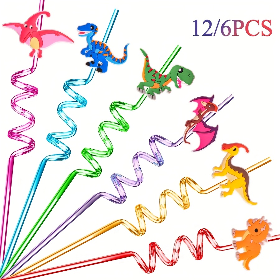 12 6pcs cartoon dinosaur straw reusable beverage straw pet food grade plastic fun straw dinosaur theme party birthday straw decoration supplies small gift 0