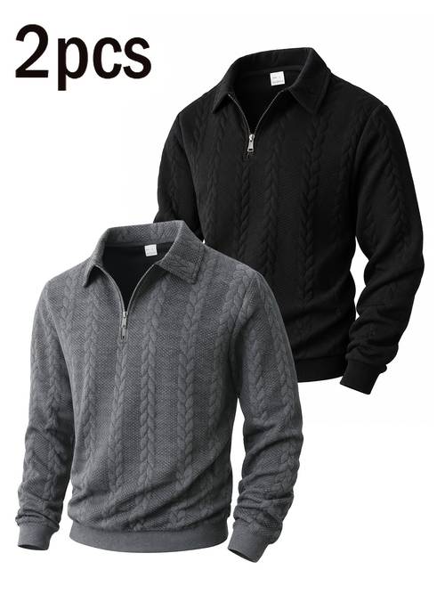 item picture 2pcs minimalist style solid color cable knit long sleeve sweatshirt with quarter zipper and lapel outdoor sports sweatshirt hiking sweatshirt autumn winter essentials
