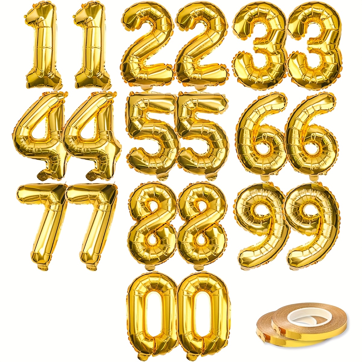 Image of 20pcs 16" Number Balloons (2 Sets Of 0-9) With 2pcs Ribbons - Mylar Aluminum Hanging Decorations For Graduation, Birthday, Christmas & New Year's Eve Parties