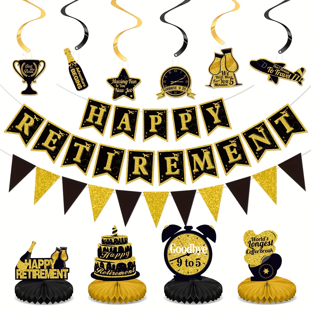 complete retirement party decorations kit with happy retirement banner black   flags hanging swirls streamers elegant retirement themed centerpieces for retirees paper party supplies for milestone celebration decor