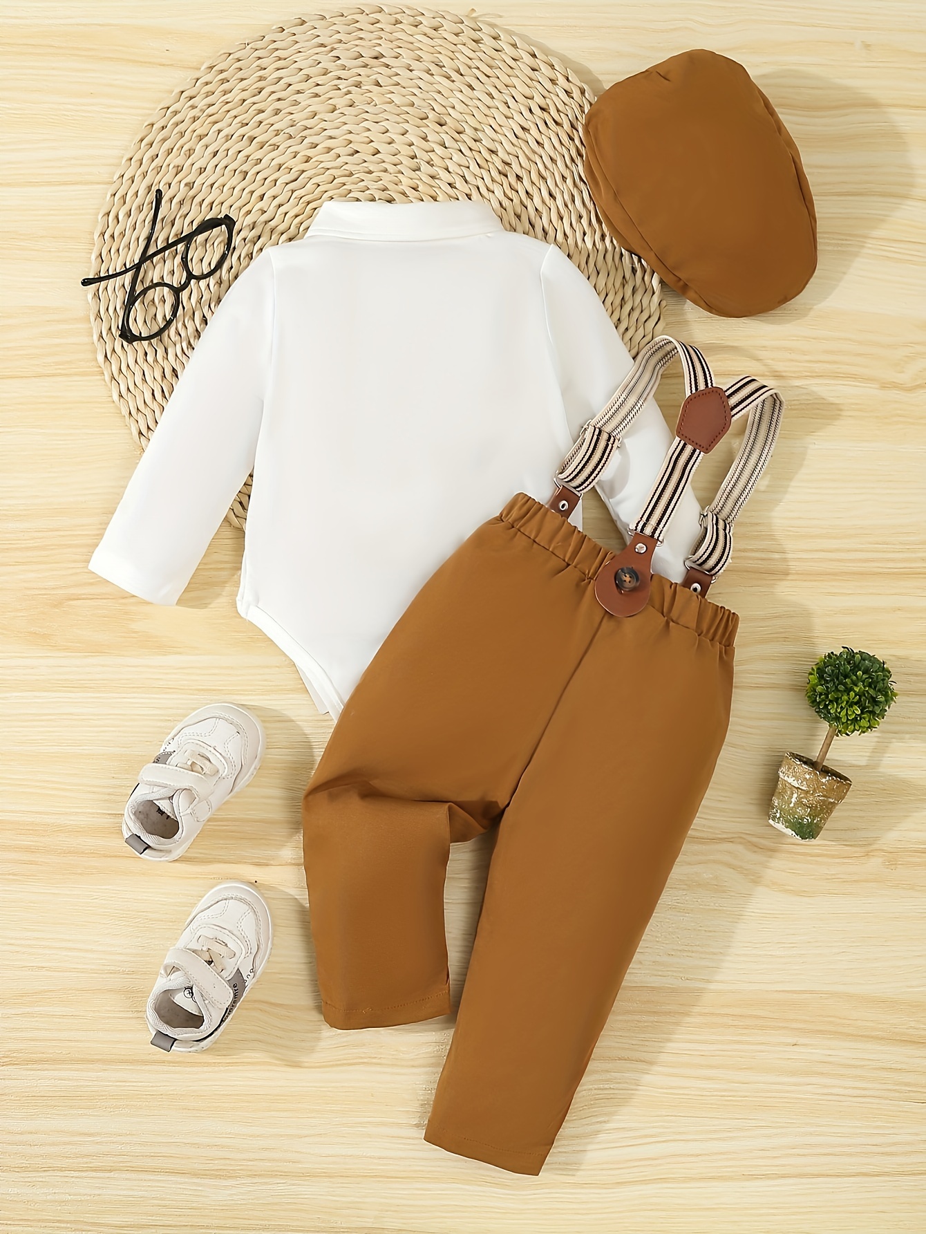 boys 4pcs gentleman outfit set long sleeve romper with bow tie suspenders hat for birthdays weddings special occasions machine washable Product details 16