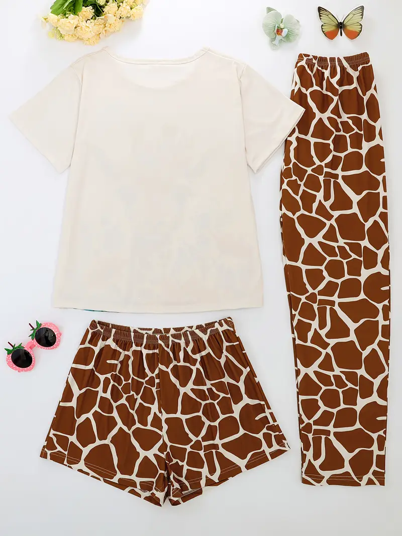 round neck womens pajama set pullover short sleeve top and loose elastic shorts and pants comfortable fabric suitable for casual adult womens sleepwear outfit with floral giraffe print Product details 1