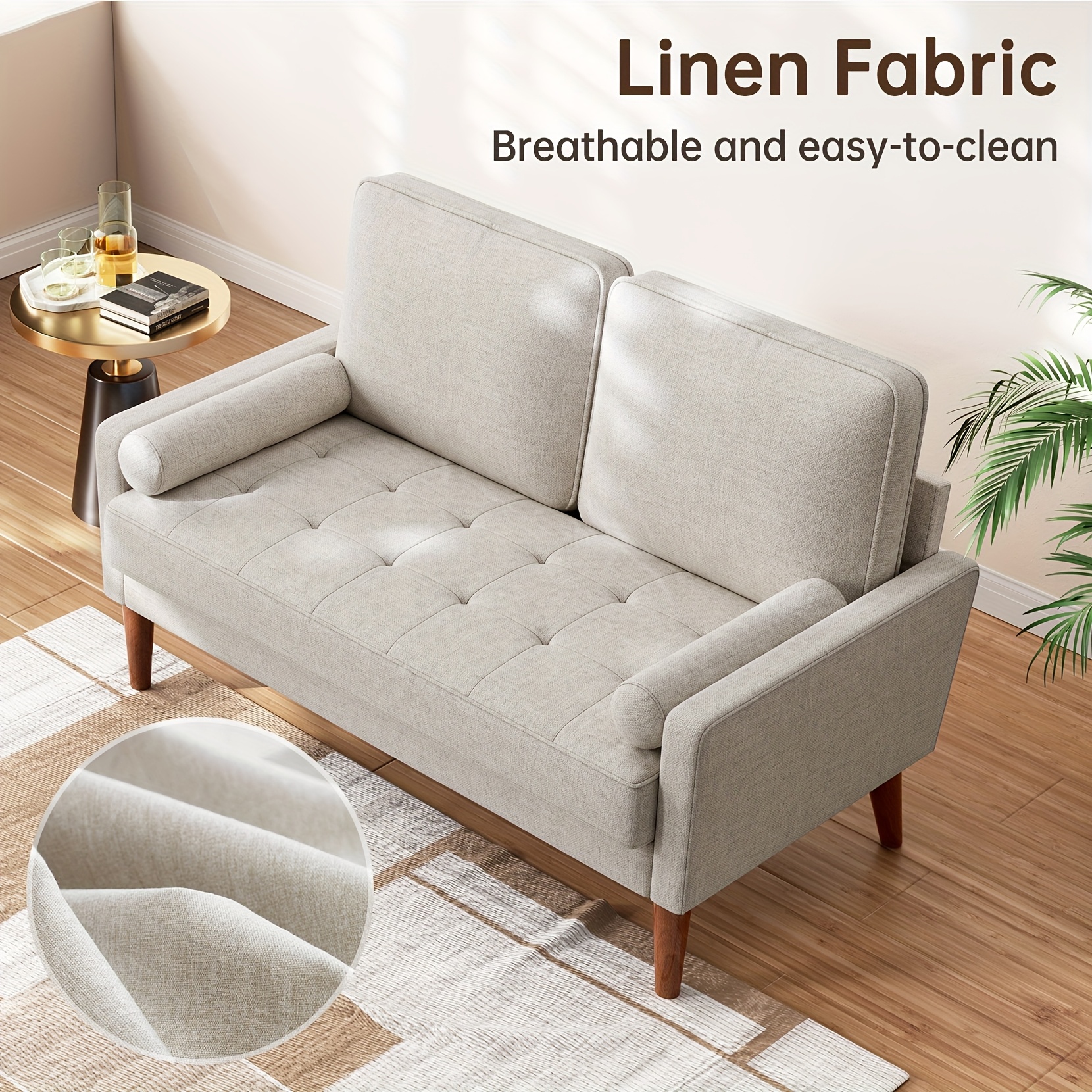 linen sofa with   small 2 seater for living room bedroom office comfy couch with armrests   seat in ashbeige