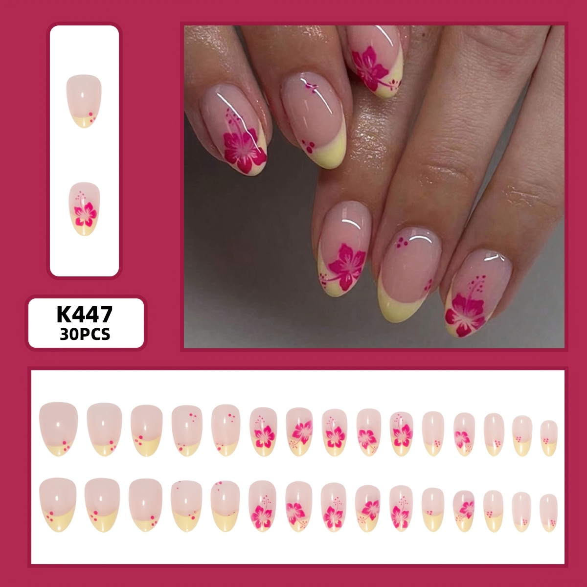 30pcs Short Almond-shaped Yellow French -on Nails With Small Red Flowers Suitable For Women