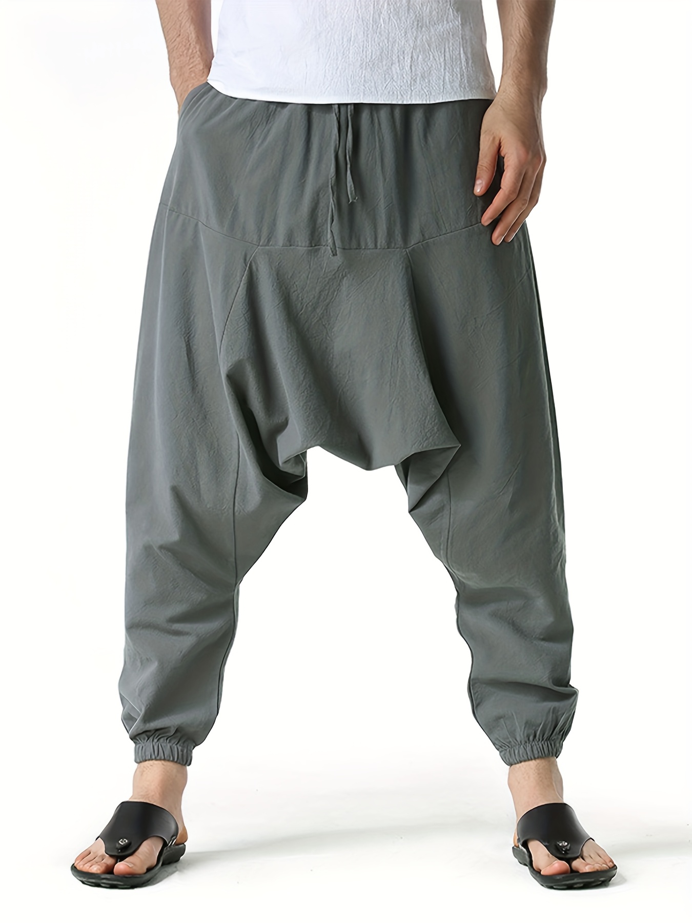 Pantalon Harem Homme Coton Lin Pantalon Harem Homme en Coton et Lin - Taille Oversize à Jambes Larges avec Entrejambe Tombant, Coupe Décontractée Sans Ceinture (S-XXXL) | Tissu Respirant pour Printemps/Automne, Tenue Décontractée et Extérieure | Pantalon Harem Style Bohème à Taille Moyenne pour Homme