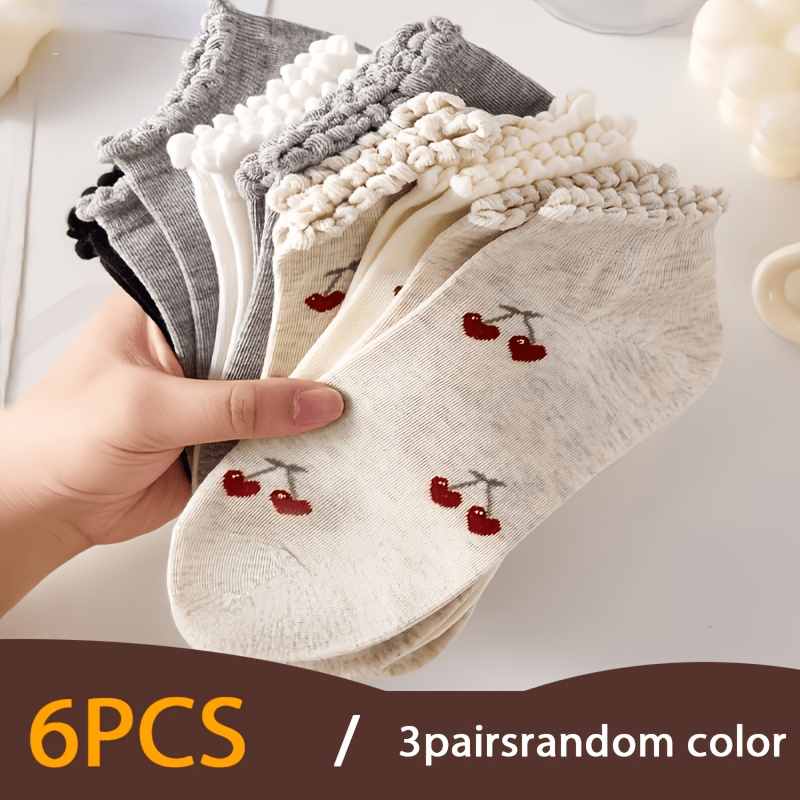 TEMU Random 6pcs (3 Pairs) Women's Cherry Pattern Lace Short Socks, Comfortable And Breathable Casual, Cute Spring And Summer 2026 New Women's Ankle