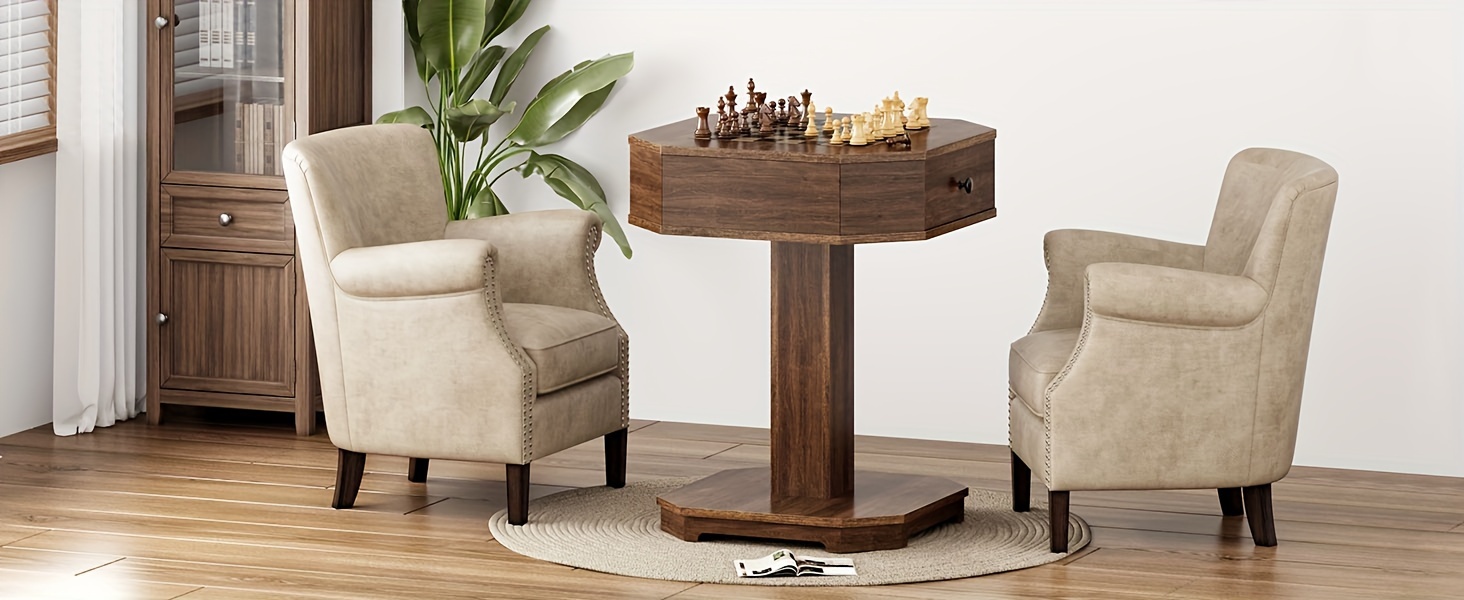 SOGES 2-Drawer Chess And Checkers Game Board Table, Combo Table For Chess And Checkers, Family Board Game Chess Table, Walnut Color