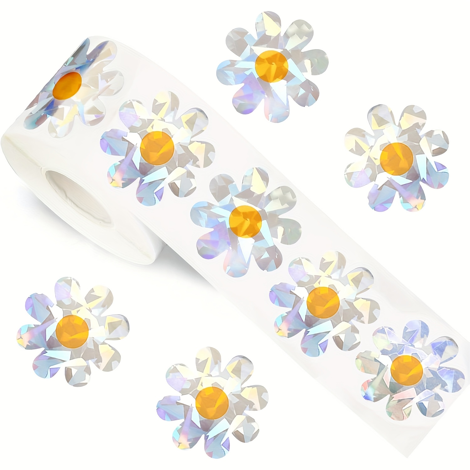 E-shop 500 Aufkleber/Rolle Holografische Laser Gänseblümchen Graffiti Rollen Aufkleber Groß 3.8Cm/1.5In Unregelmäßige Spezialform Cartoon Blume Siegel