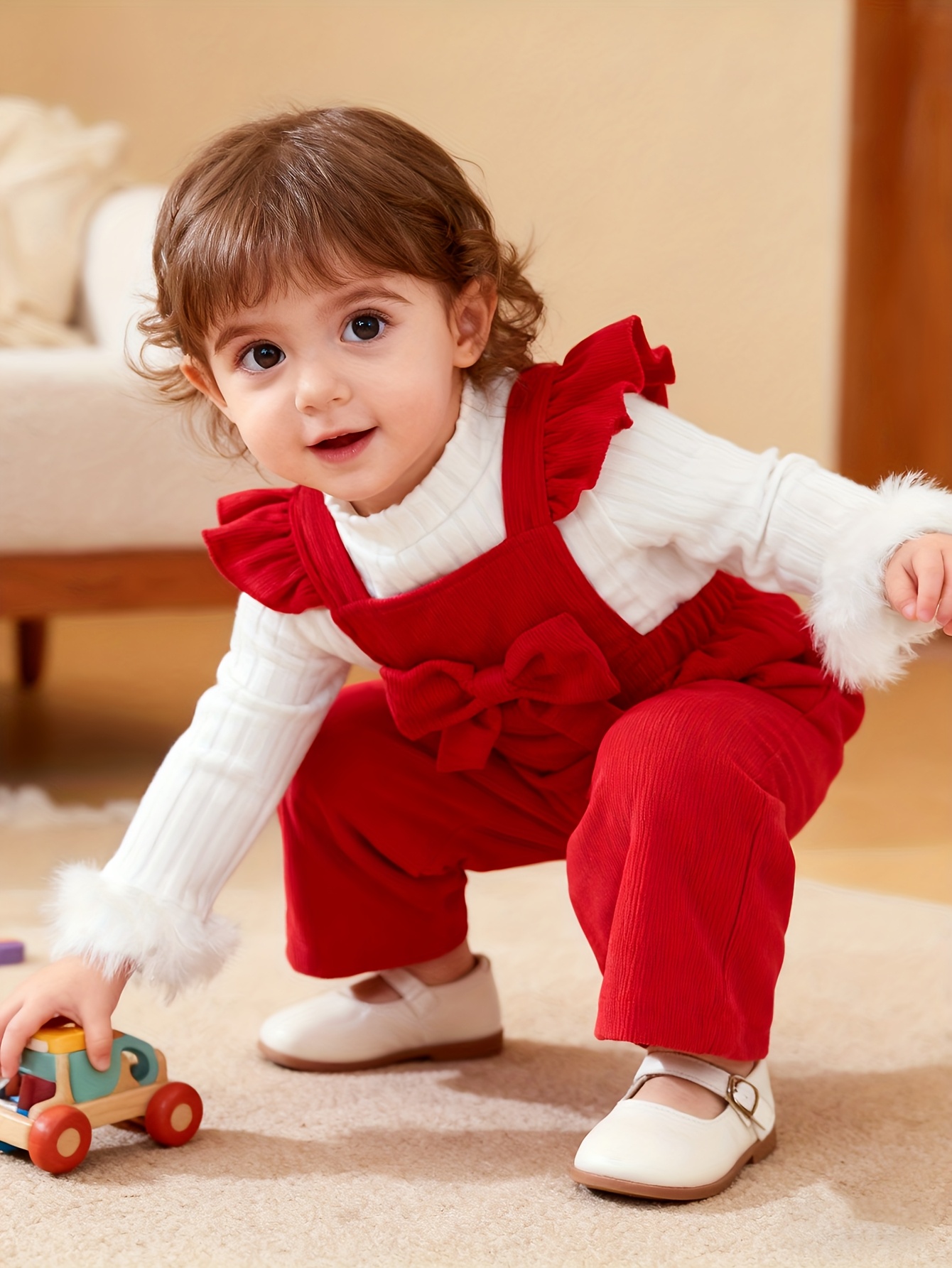 2pcs girls pants set   plush cuff top bow overalls girls daily wear   outdoor Product details 17