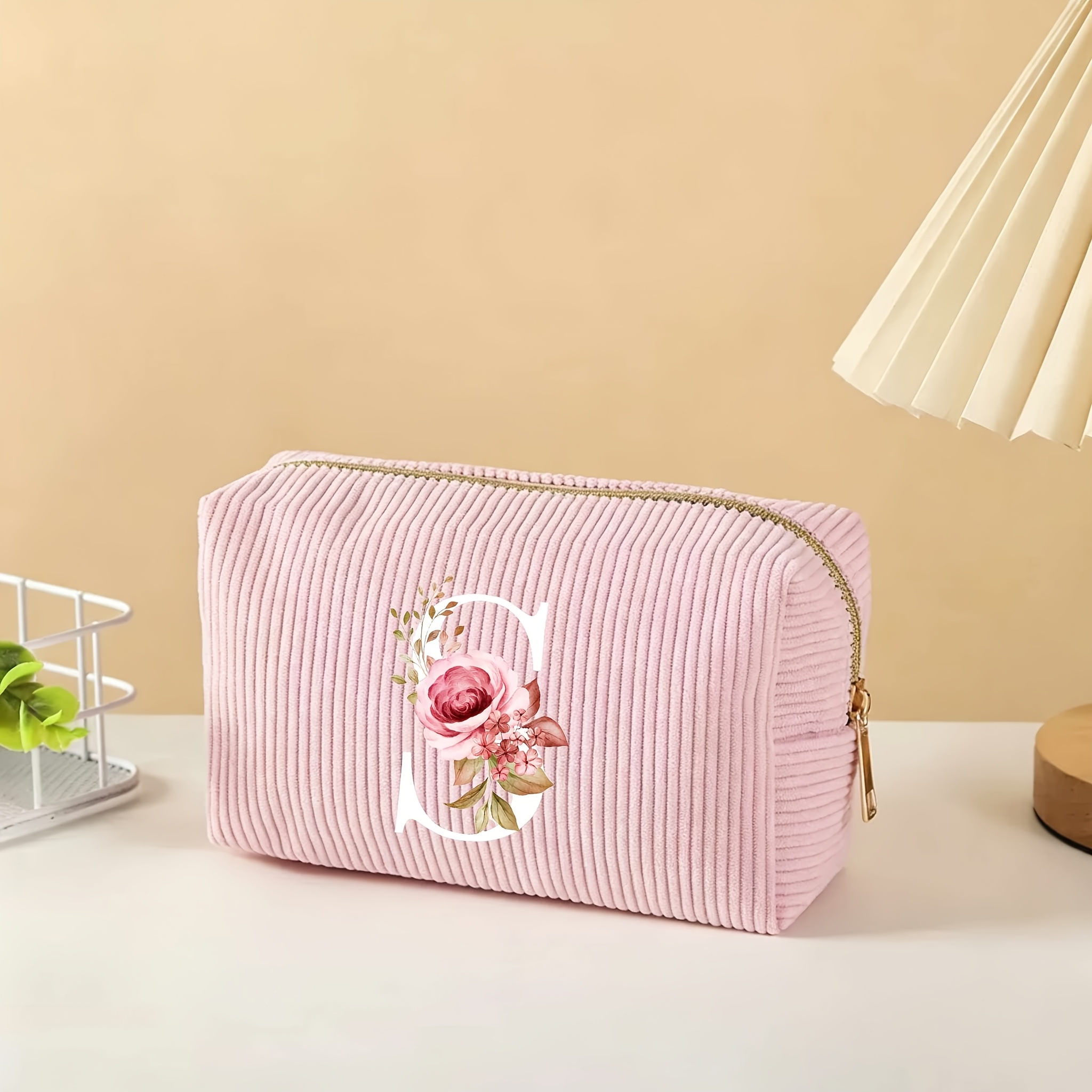 TEMU 1pc Elegant Initial Rose Print Corduroy Makeup Bag - Travel Cosmetic Organizer, Portable Foldable Design With Secure Zipper, :