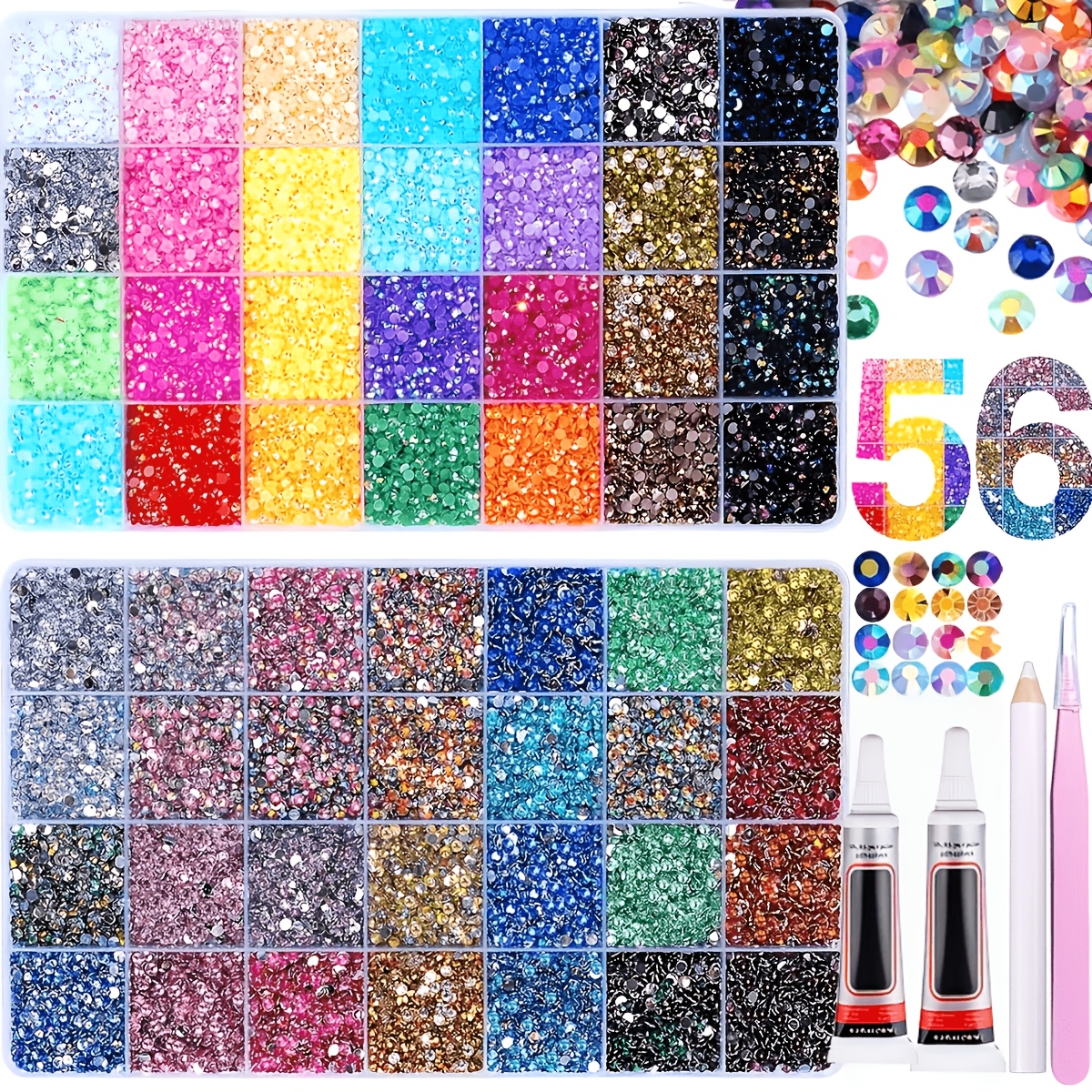 2 Boxes (56 Colors) 60000pcsSmall Iridescent Flatback   Gems Suitable for DIY Crafts, Nail Art, Clothing & Shoe Bedazzling - 3mm Resin   with Picking Tool, for Clothes, Books, Nails, Hair