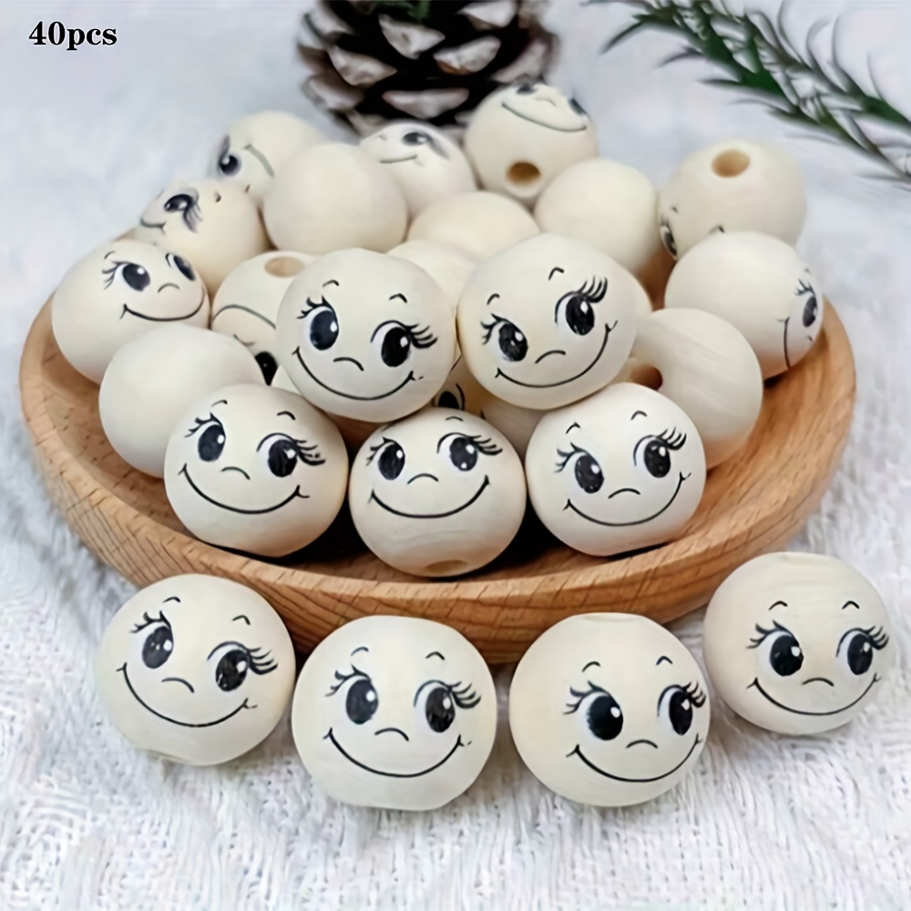 Ywli 40pcs Per Bag Large- Smiling Eyelash Wooden Bead Decorative Beads