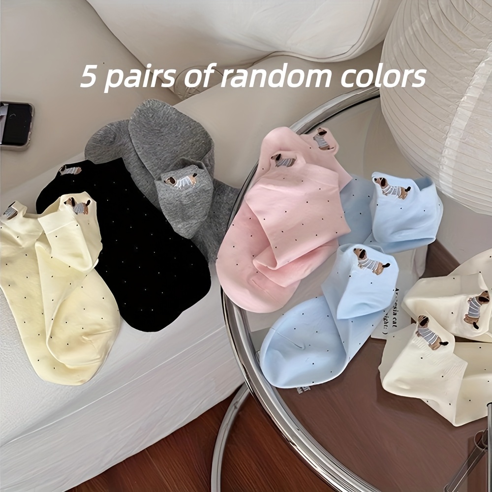 Image of 5 Pairs Random Color Of Women's Cartoon Dachshund Socks, Breathable And Comfortable Ankle Socks With Ear Design, Suitable For Summer Casual Outdoor Wear