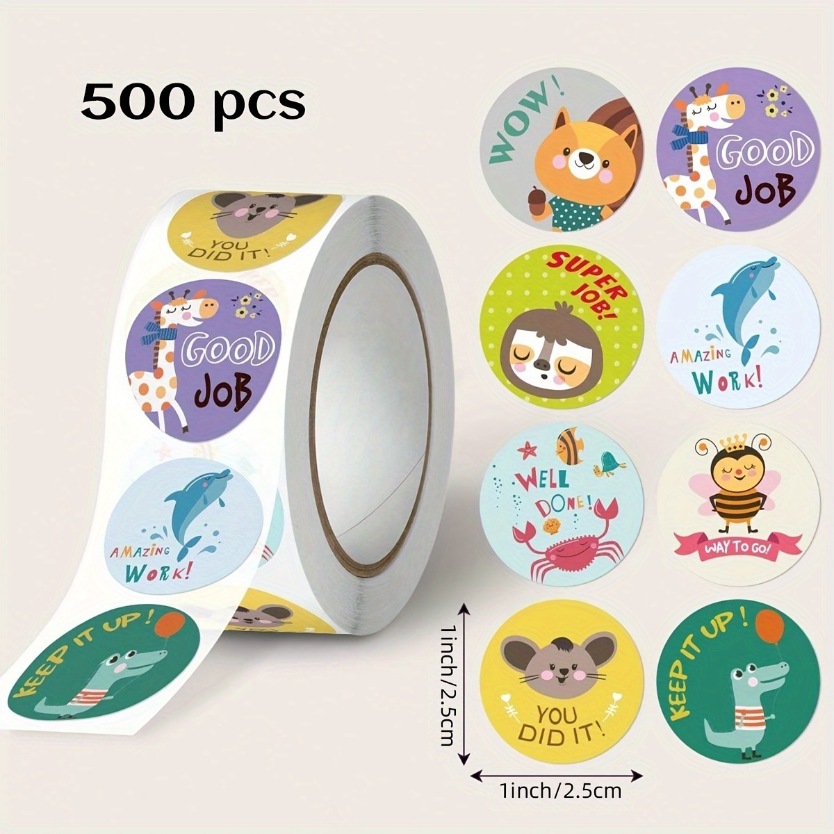 

500 Stickers Per Roll, Round Cute Cartoon Animal Self-adhesive Stickers, Suitable For Party Gifts, Baby Showers, Kindergarten Teacher , Pvc Waterproof Adhesive Sealing Stickers.