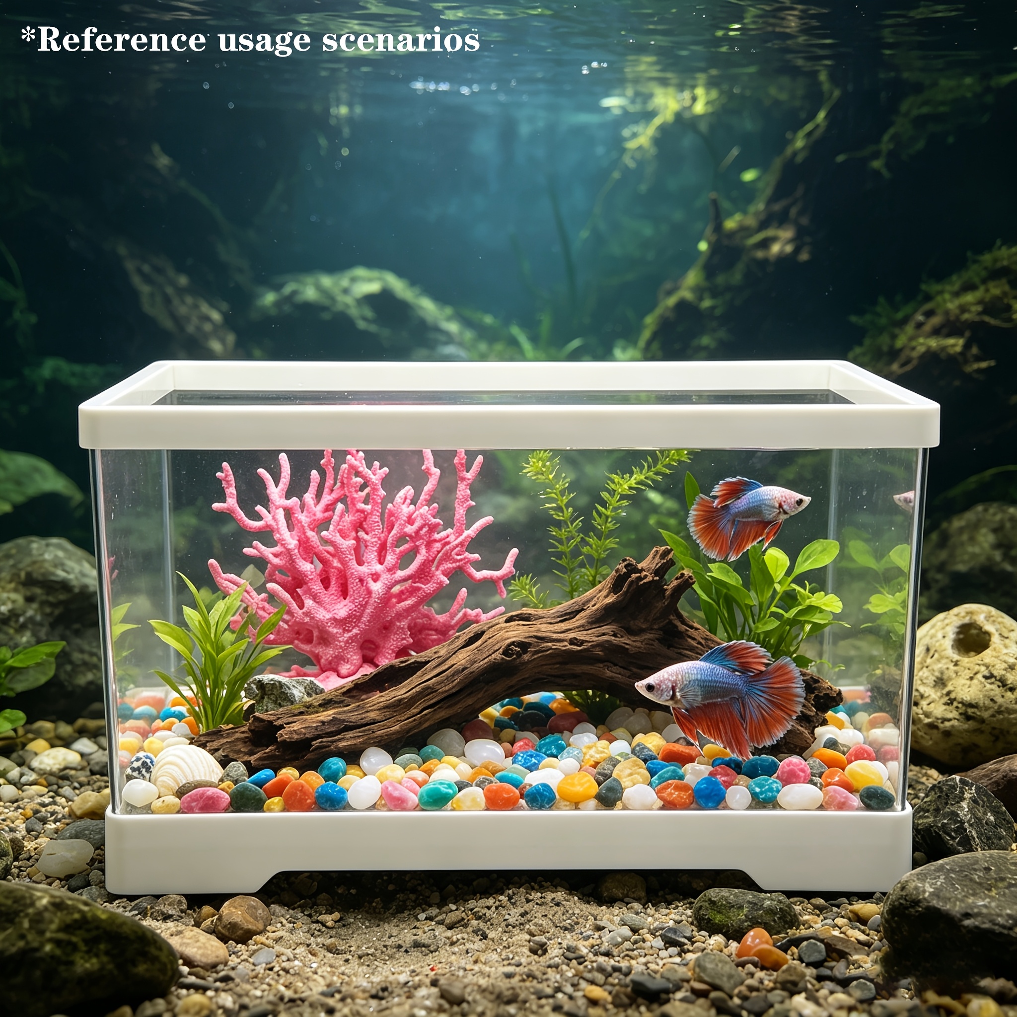 02pcs Set High-Transparency Ornamental Desktop Aquarium Landscape Kit, Ultra-Clear Panoramic High-Transparency Tank Body for Unobstructed Full-View Observation, Creamy White Simple Edging Suitable for All Home Decor Styles, Includes Aquarium Main