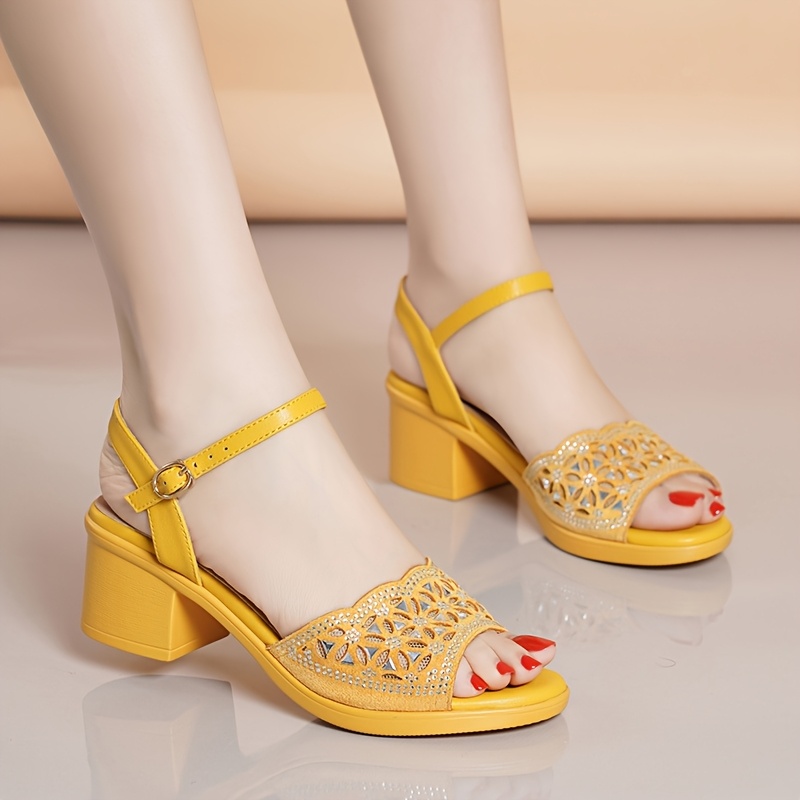 womens chunky heel sandals summer fish mouth shoes versatile fashion   womens shoes elegant yellow mesh high heel sandals women shoes details 2