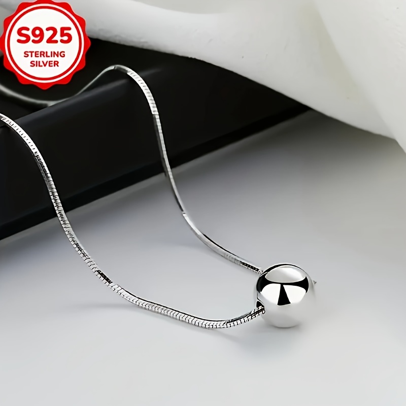 

Vintage Bohemian Style S925 Pure Silvery Necklace, Simple Small Ball Pendant, Snake Bone Chain, Elegant Anniversary Gift For Wife, 4.3g/0.15oz