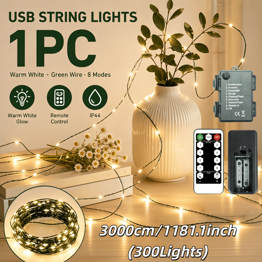 TEMU 1pc, Ink Green Fairy Lamp, Battery Box, Ip44, Outdoor Light Strip With Remote Control, 8 Lighting , 5/10/20/30m (50/100/200/300leds), Suitable