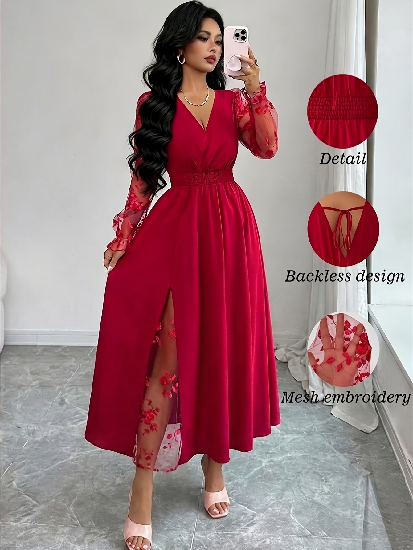 Elegant Women's Solid Color Patchwork Mesh Long Sleeve Dress