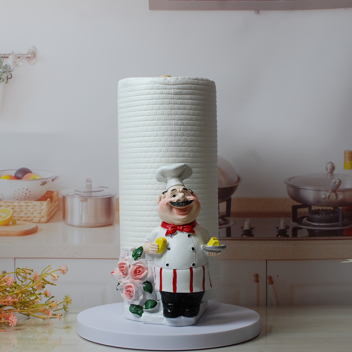 

1pc Chef Figurine Paper Towel Holder, Resin Countertop Dispenser, Kitchen Decor With Rosette Design