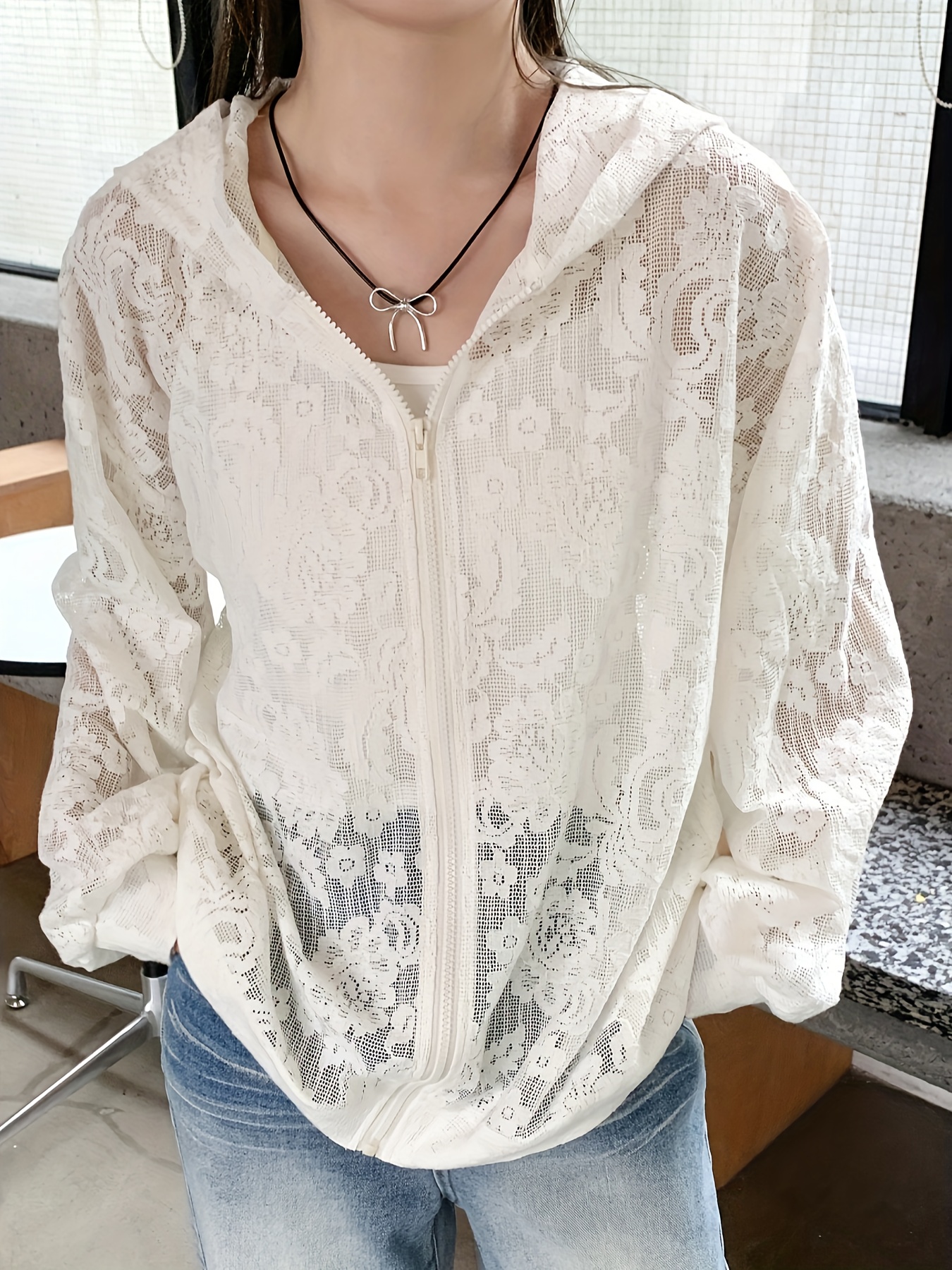 damen freizeit spitzenjacke kapuze langarm einfarbig Temu Germany