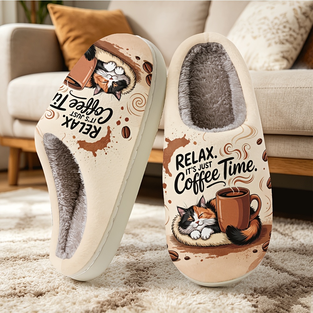 TEMU Women's & Unisex Plush Slippers Suitable For Home - Cozy Cat & House Shoes With Tpr Sole, Warm Indoor Footwear, Machine Washable Lightweight For