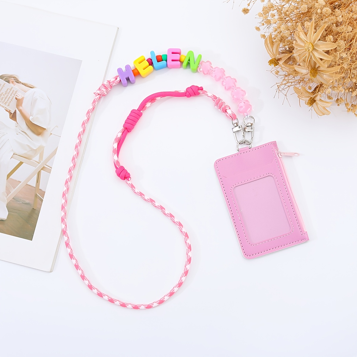 TEMU Porte-carte ID à cordon multicolore personnalisé 2D 1pc, étui à carte de cou à perles de lettres DIY, porte-badge d'étudiant à lettres en