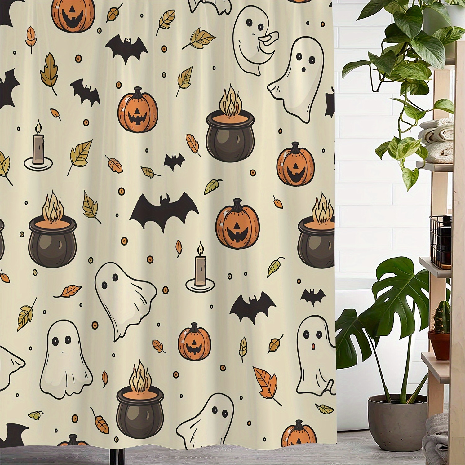 

Halloween Shower Curtain Set With 12 Hooks - Water-resistant Artistic Bath Curtain Featuring Cute Ghosts, Pumpkins & Bats, Machine Washable, Decorative Waterproof Bathroom Accessory With Woven Weave