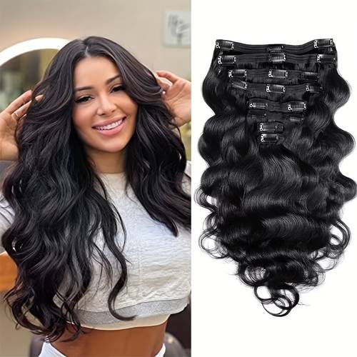 set of 8 brazilian clip in hair extensions in natural black featuring a body wave style made from human hair