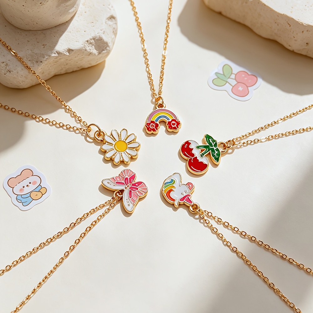 5pcs Colorful Little Daisy & Cherry Pendant Necklace Set