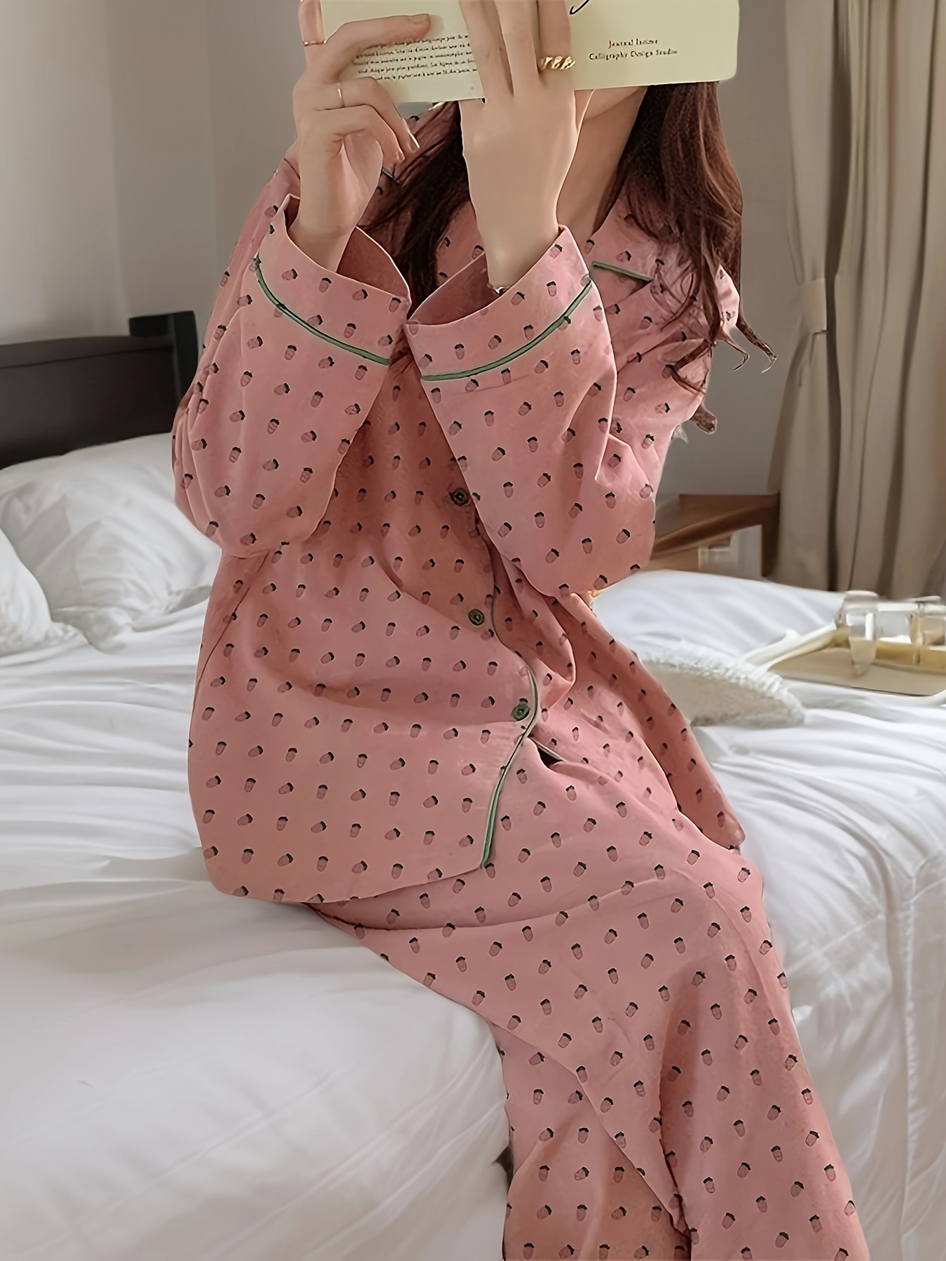womens cozy polyester pajama set cute strawberry print long sleeve v neck top with green button detail elastic waistband pants comfortable knit fabric sleepwear for fall winter