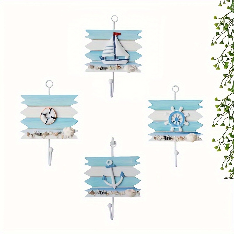 

Contemporary Wood , Wall Mounted Easy Install Storage Organizer For Home, Hotel, Coastal Decor - Nautical Themed Hanging Rack With Decorative Sailboat, Anchor, Wheel, And Seashells