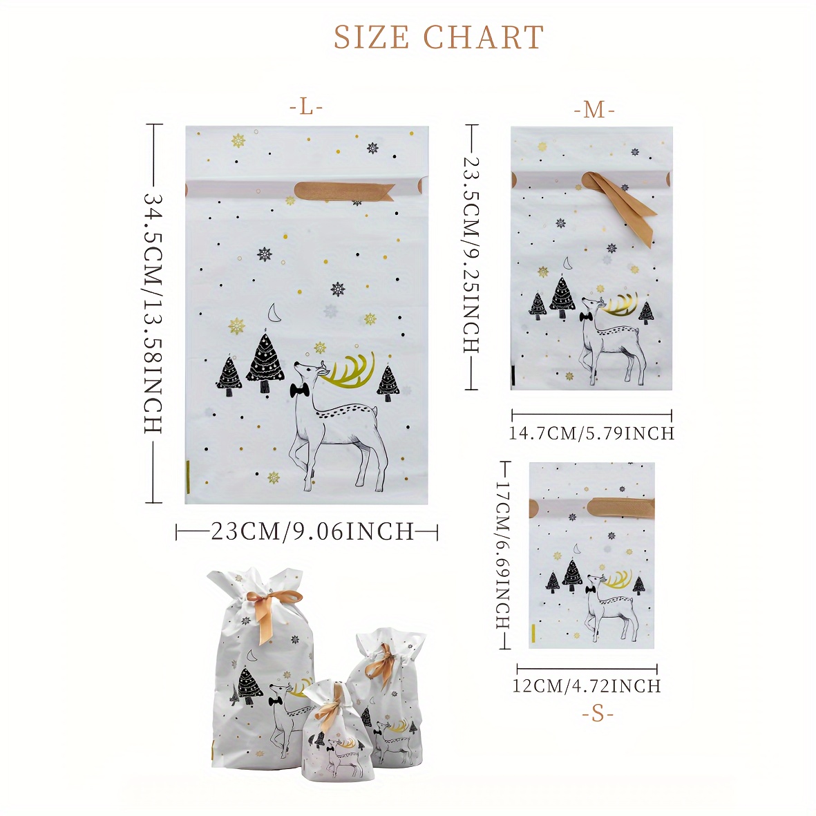 Image of 10pcs, White Christmas Gift Bags With Ribbon, Drawstring Party Gift Bags, 13.58x9.06inch, 9.25x5.79inch, 6.69x4.72inch, Moose Gift Bags, Christmas Decoration, Party Supplies