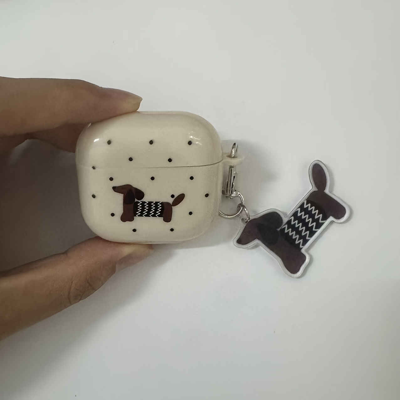TEMU Étui de protection pour écouteurs Airpods 1 2 3 4, style coréen, motif à pois, chien teckel, blanc et oreilles