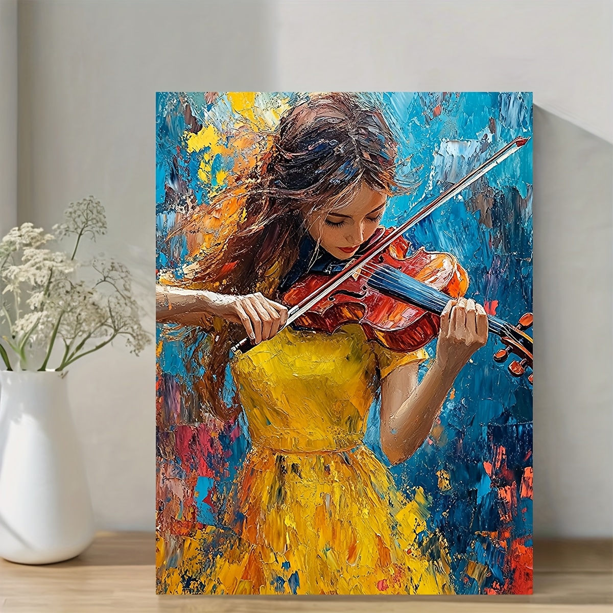 TEMU 1pc Wooden Framed Canvas Painting - Abstract Violin Girl Wall Art With Vibrant Colors, Wrapped Canvas Frame For Living Room, Bedroom, Office,