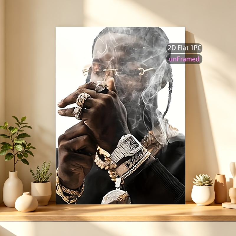 TEMU 2d Flat, 2d Flat, 2d Flat 1pc Unframed Canvas Wall Art Poster|monochrome Portrait Of Man With And Smoke|hip Hop Street Art|living