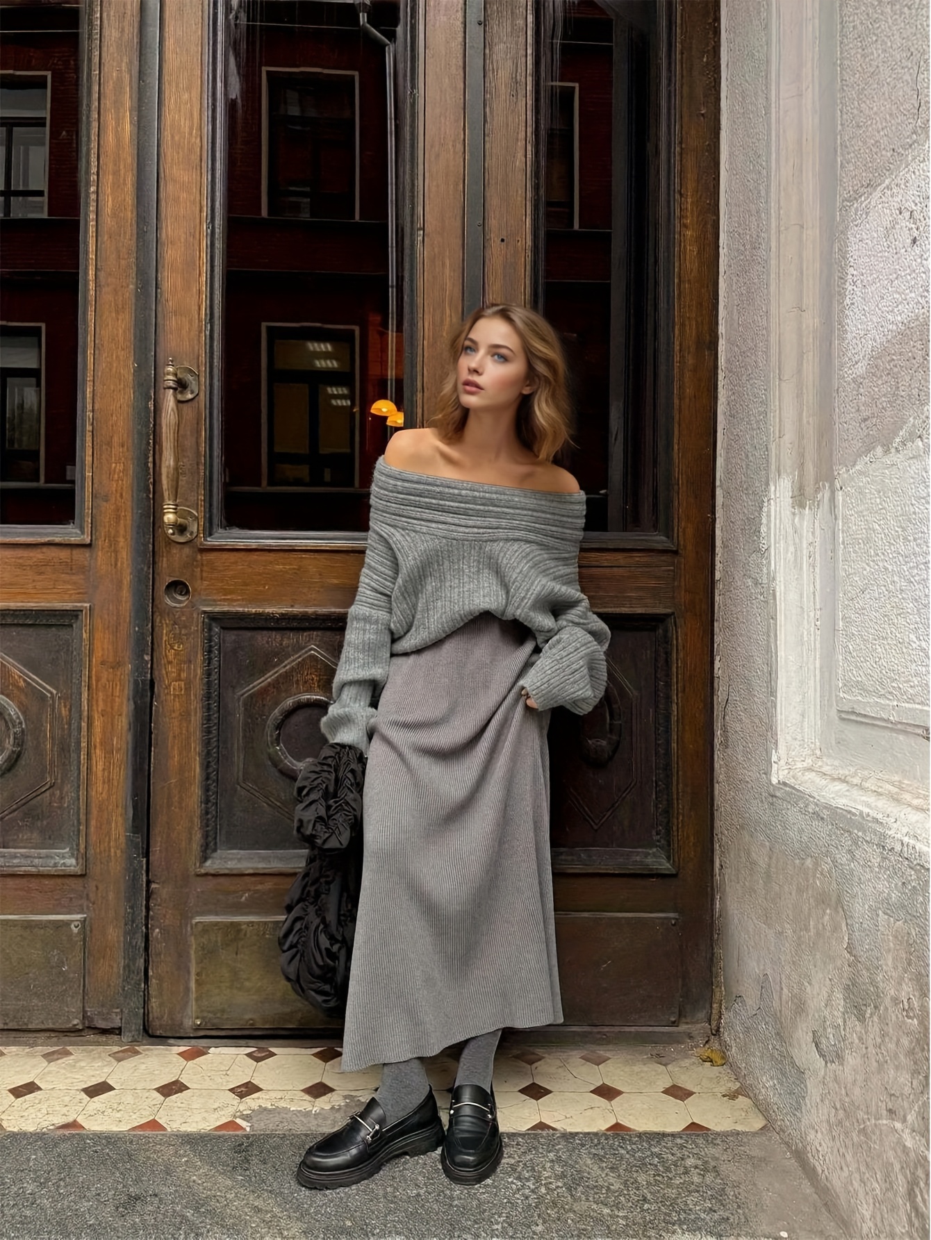 grey tight maxi dress womens new style shoulder ribbed long sleeved Style-Color-Dim:AP1E211045_AD298_M
