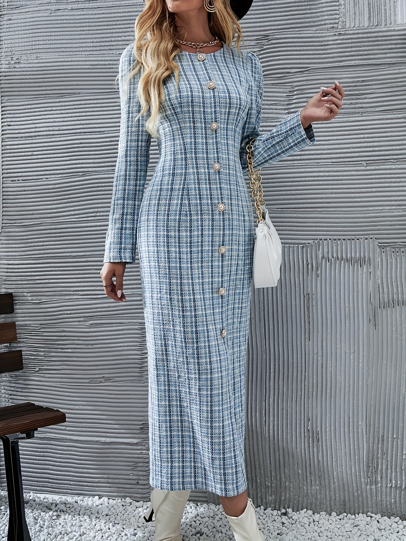 elegant sleeve a line dress women button front round neck Temu Oman