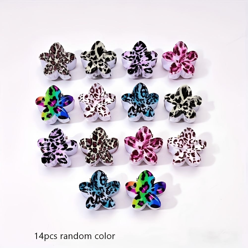 14pcs Color Random Delivery Summer Flower Hair Clip, Plumeria Shape, Retro Leopard Spot Pattern Small Hair Claw Clip, Headdress, Side Bangs Broken Hair Clip, Hair Additions, Perfect Gift For Women And
