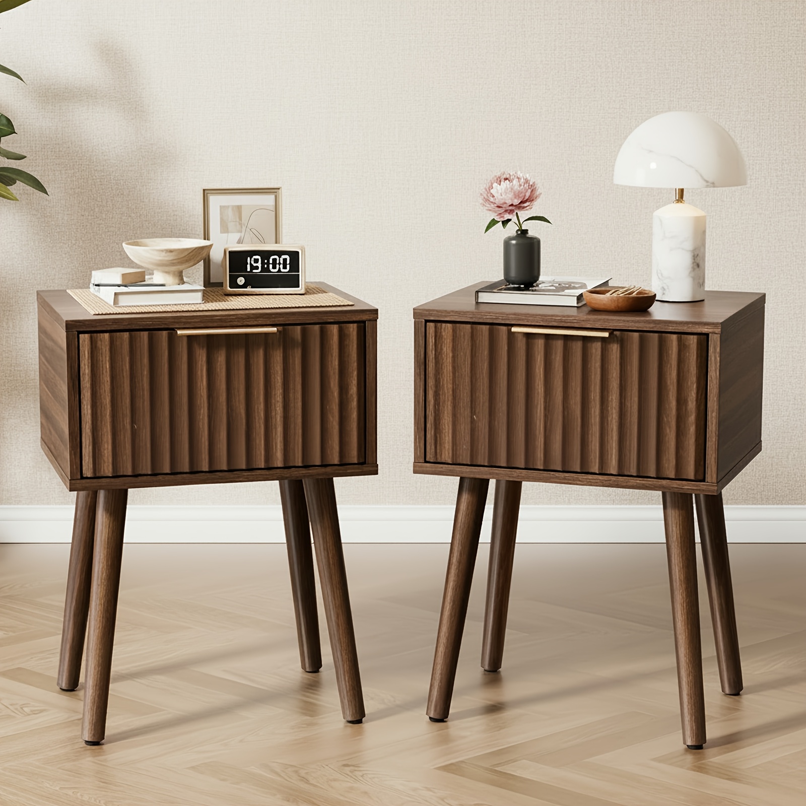 Bonnlo Wood Night Stand | Mid Century Fluted Bedside Table, Modern End Table For Bedroom, , Artificial Board Material, <3.2 Cubic Feet Storage Capacity, <27 Inches Height
