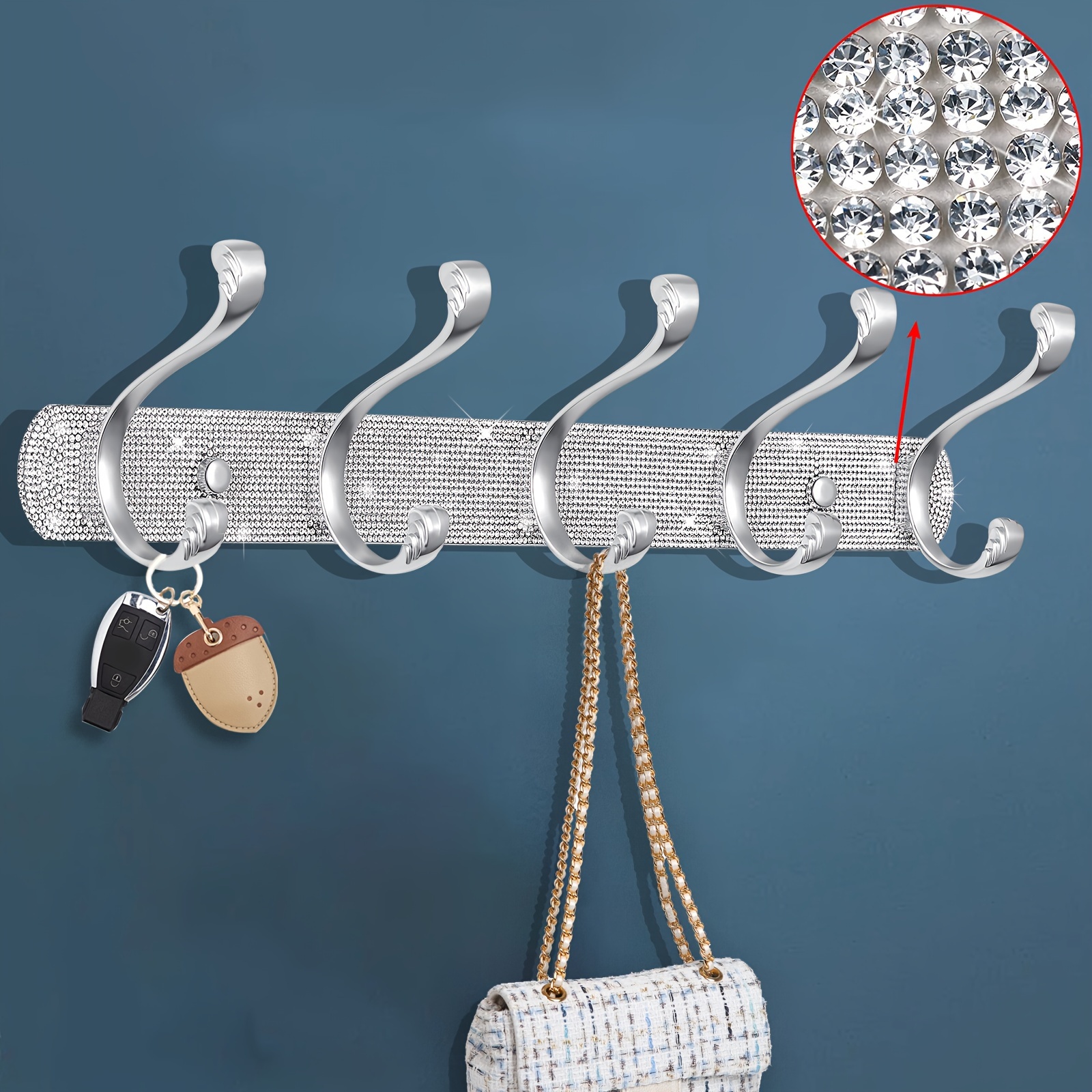 Wall-mounted Hanger, Shiny Silvery Rhinestone Wall-mounted 5 Hooks, Wall Key Hook Decoration, Suitable For Hanging Hats, Towels, Wallets, Bathrobes