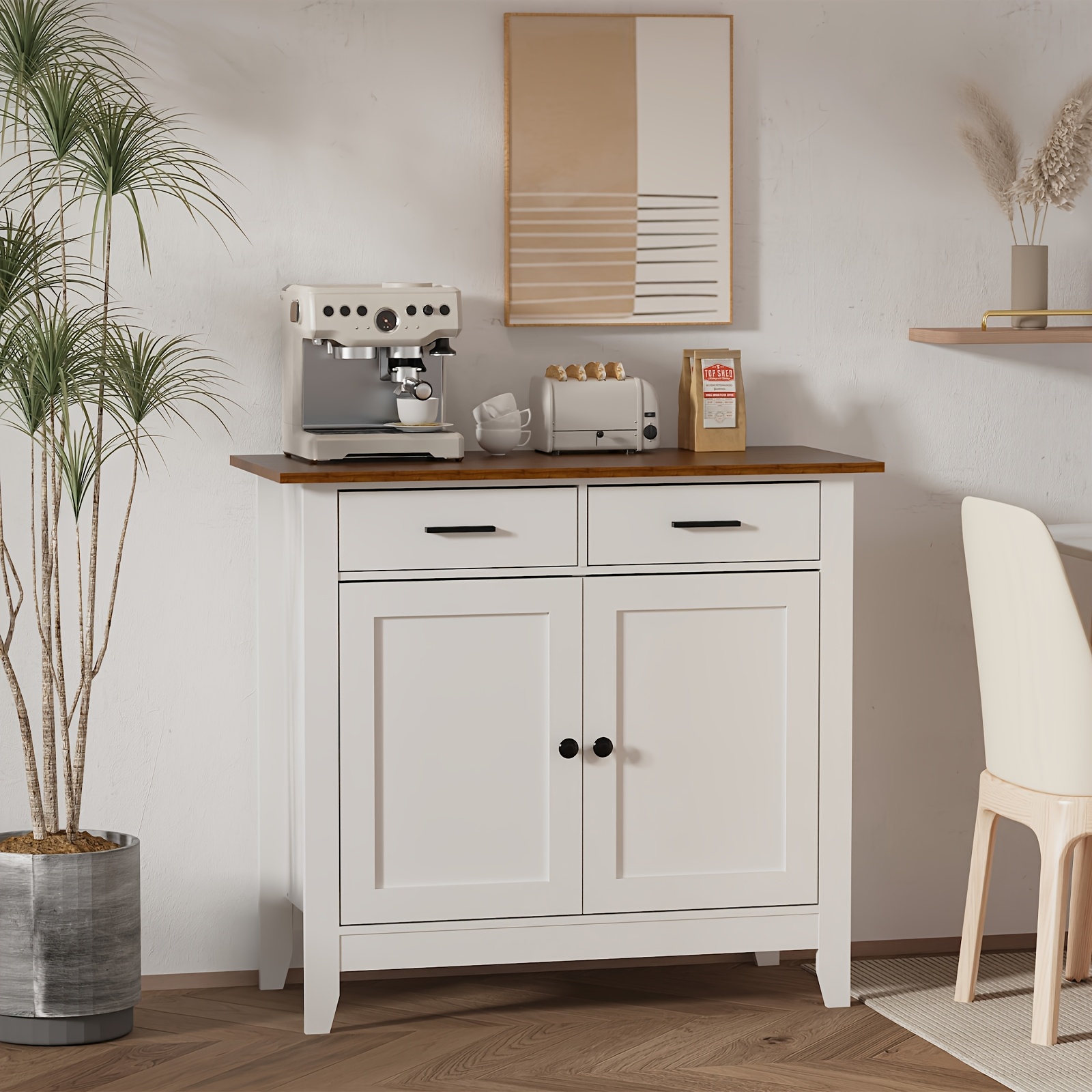 Msutree Kitchen Sideboard With 2 Doors And 2 Drawers, Buffet Cabinet With Adjustable Shelves, Cabinet For Kitchen, Living Room And Hallway, White/natural