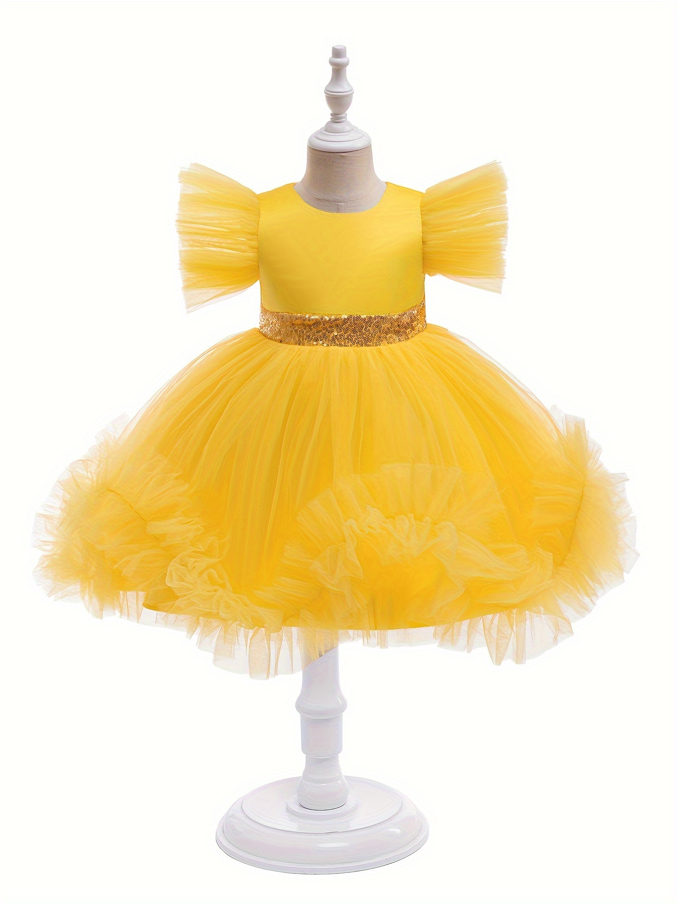 Robe de princesse tutu pour filles avec manches bouffantes, nœud  papillon, ceinture de sequins, 100 polyester, toutes non extensible,  couleur