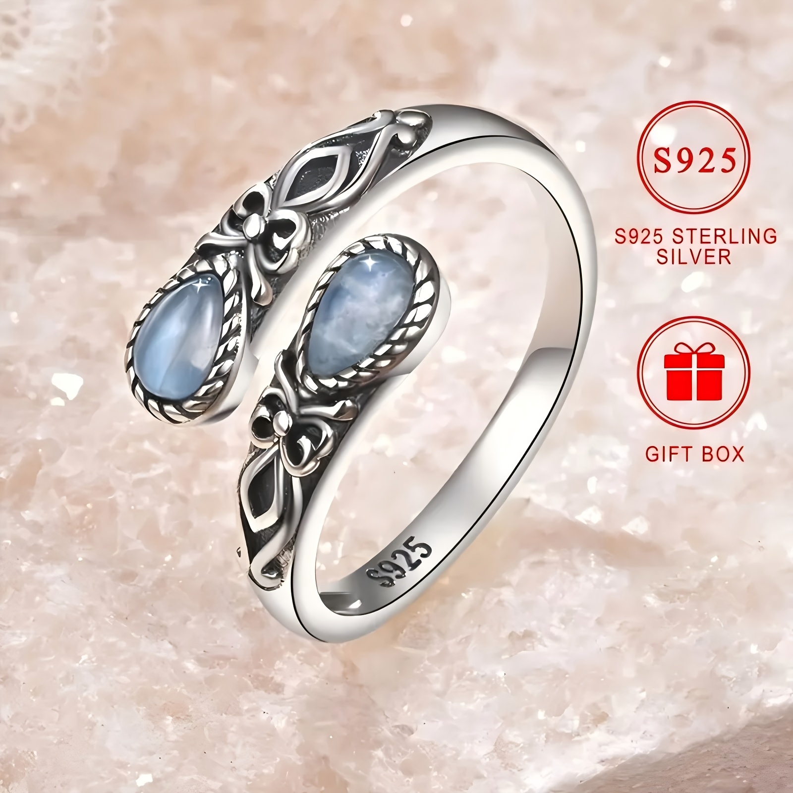 

1pc Vintage Style 925 Sterling Silver Ring With Synthetic , Adjustable Thumb Jewelry, Nickel-free, Silver Plated, Gift Box Included, Fashion Accessory For Women, Daily & Gift