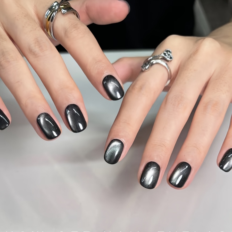 TEMU 30pcs Black Cat Eye Press-on False Nails - Short Square Detachable Nail Patches With Jelly Glue And Nail File, Suitable For Women And For Daily