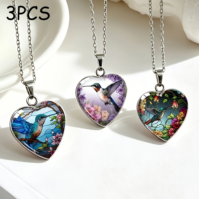 TEMU 3pcs Set Of Heart-shaped Stainless Steel Water Drop Necklace, Stained Glass Hummingbird Floral Vintage Glass Pendant Fresh Clavicle Chain Set