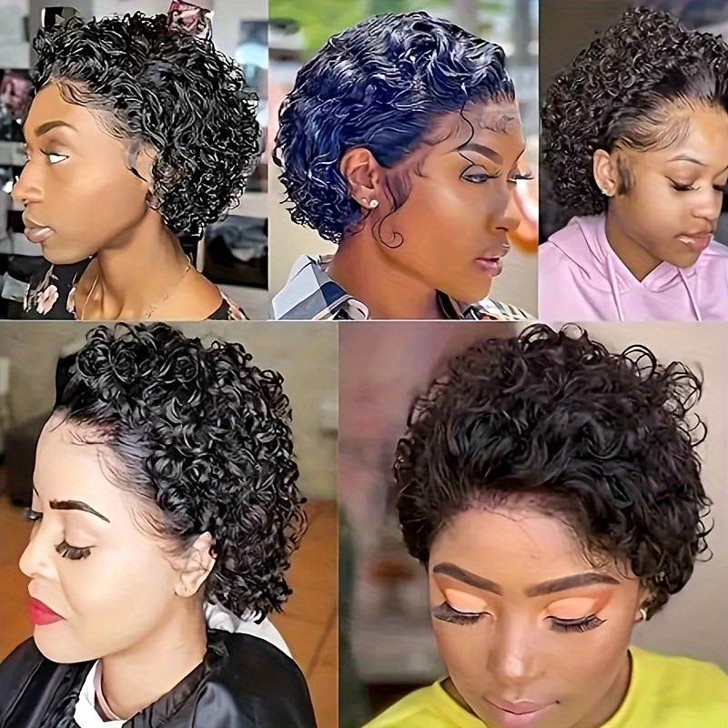 womens curly wave short cut wig 150 density human hair lace front 13x1 natural black glueless water wave suitable for african women details 9
